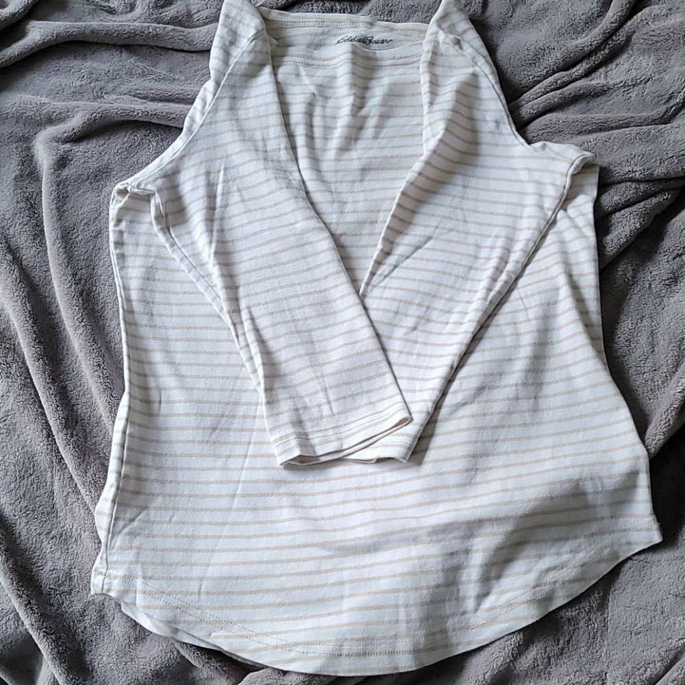 Eddie Bauer 3/4 sleeve Tan and White stripe shirt